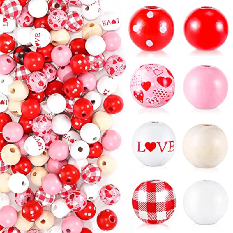 160 Pieces Valentine‘S Day Plaid Wood Beads 16 Mm Heart Farmhouse Craft Wooden Beads Red And Pink Tassel Garland Bead Love Handmade Polished Spacer Beads For Valentine‘S Day Diy Crafts Party Supplies