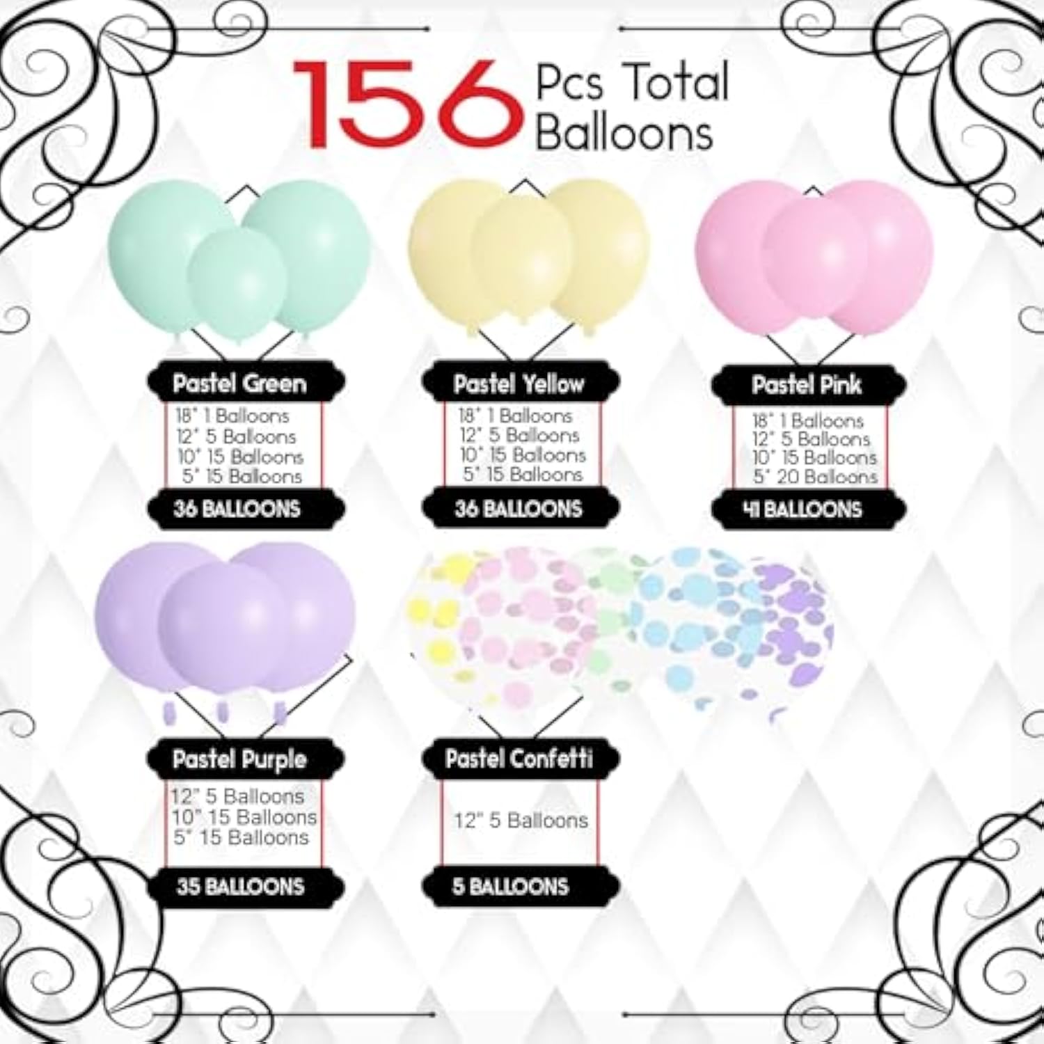 Archloon 156Pcs Pastel Balloons Garland Arch Kit, Different Sizes 18 12 10 5Inch Pastel Pink Yellow Green Purple Confetti Balloons For Spring Baby Shower Wedding Wildflower Birthday Party Decorations