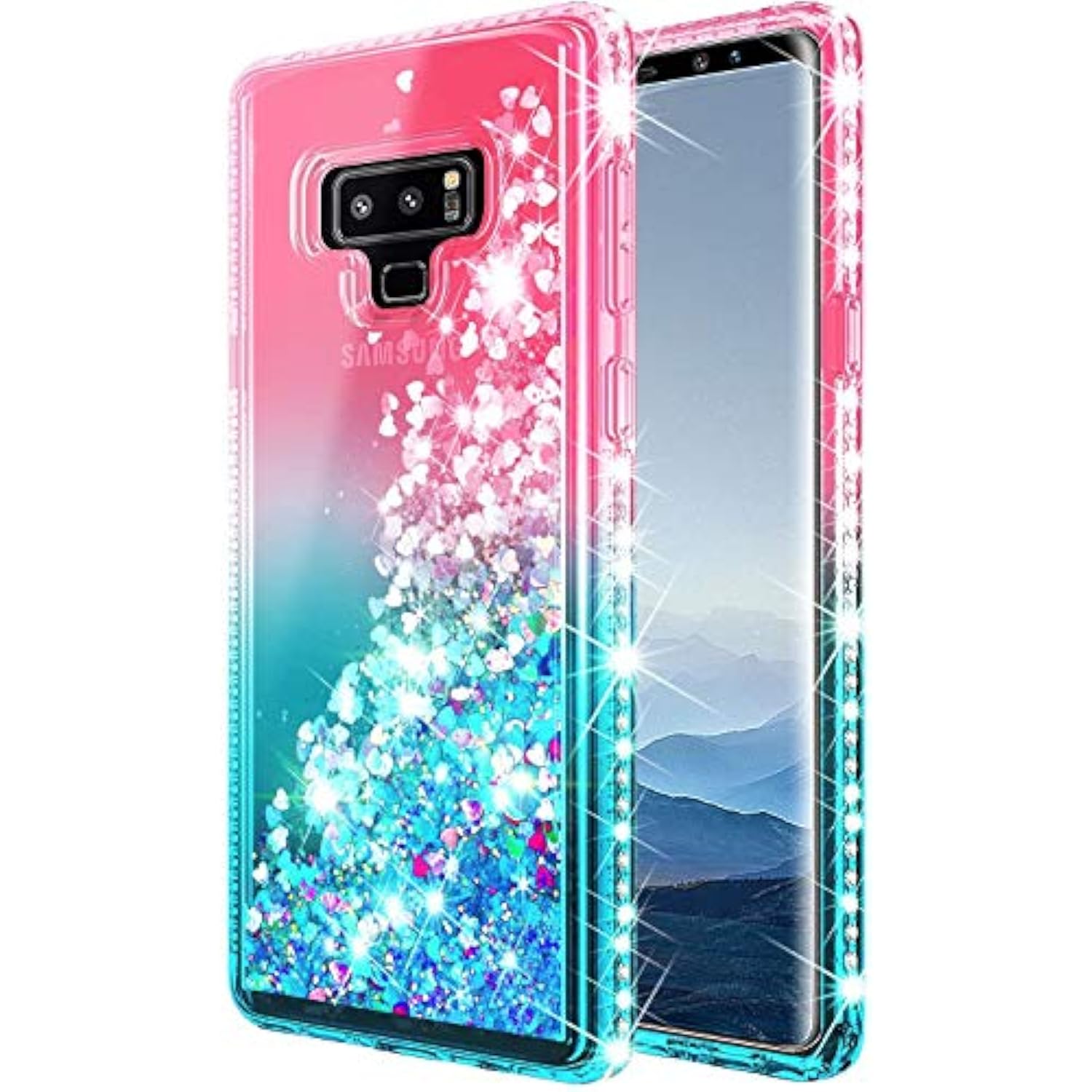 Case For Samsung Galaxy Note 9 With Screen Protector (Maximum Coverage, Flexible Tpu Film), Ring Holder/Wrist Strap, Sparkle Glitter Flowing Liquid, Women Girls Kids Cute Case -Pink/Aqua