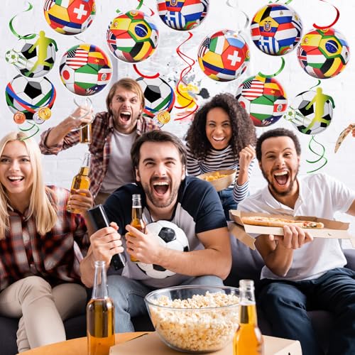 18 Pcs World Cup Decorations 2026 Hanging Swirls, soccer theme party decorations Hanging Ceiling Spirals for World Cup Home Birthday Party (12Pcs Soccer Flag Hanging Swirls and 6pcs Hanging Swirls)