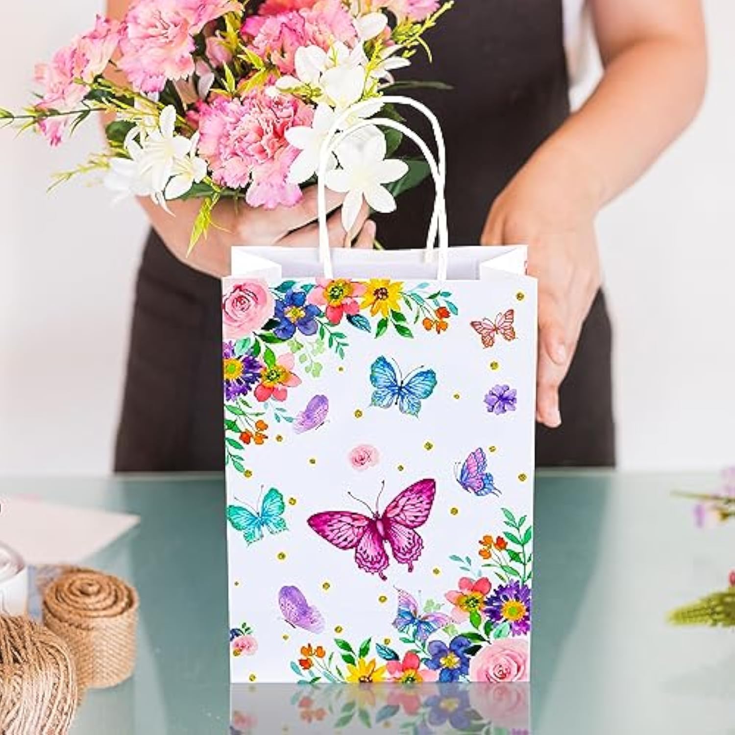 24 Pack Butterfly Gift Bags With Tissue Paper Bags With Handles, 8.7'' Small Gift Bag Party Bags For Kids Birthday, Mothers Day, Bridal Showers, Baby Showers