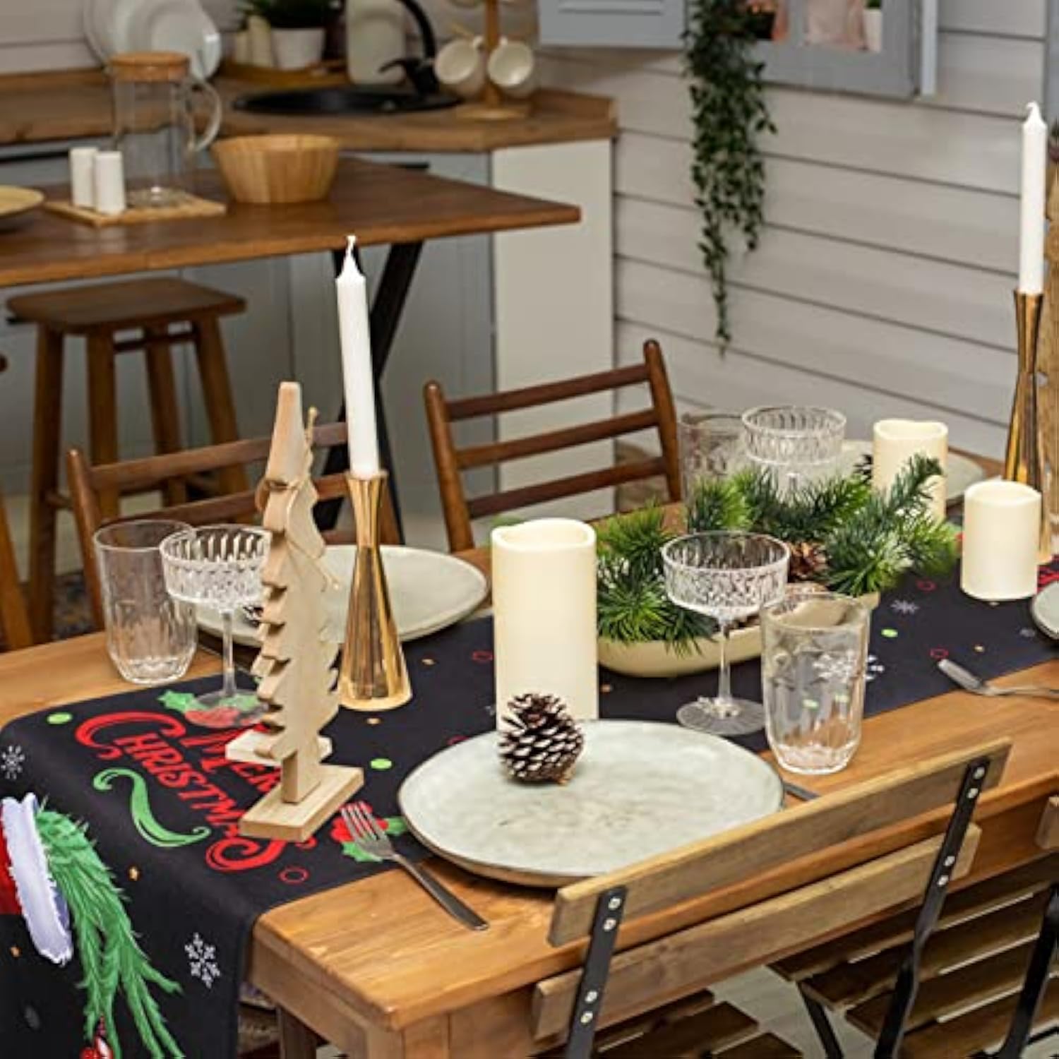 Christmas Table Runner Black 14 X 72 Inch Rustic Holiday Farmhouse Merry Christmas Theme Elf Table Cloth For Xmas Party Dining Table Decorations