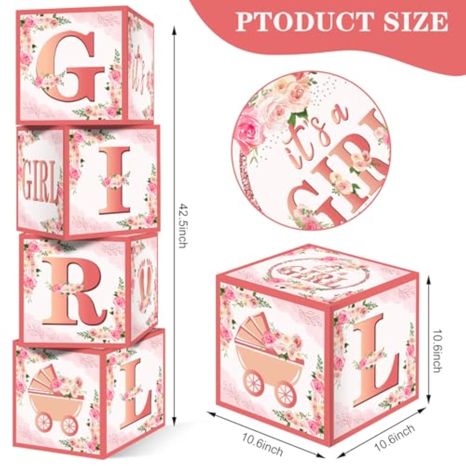 4Pcs Pink Rose Gold Baby Shower Decorations Balloon Boxes For Girls, Floral It'S A Girl Gender Reveal Baby Blocks Boxes Party Supplies, Baby Girl Pregnancy Announcement Cardboard Box Decor