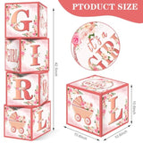 4Pcs Pink Rose Gold Baby Shower Decorations Balloon Boxes For Girls, Floral It'S A Girl Gender Reveal Baby Blocks Boxes Party Supplies, Baby Girl Pregnancy Announcement Cardboard Box Decor