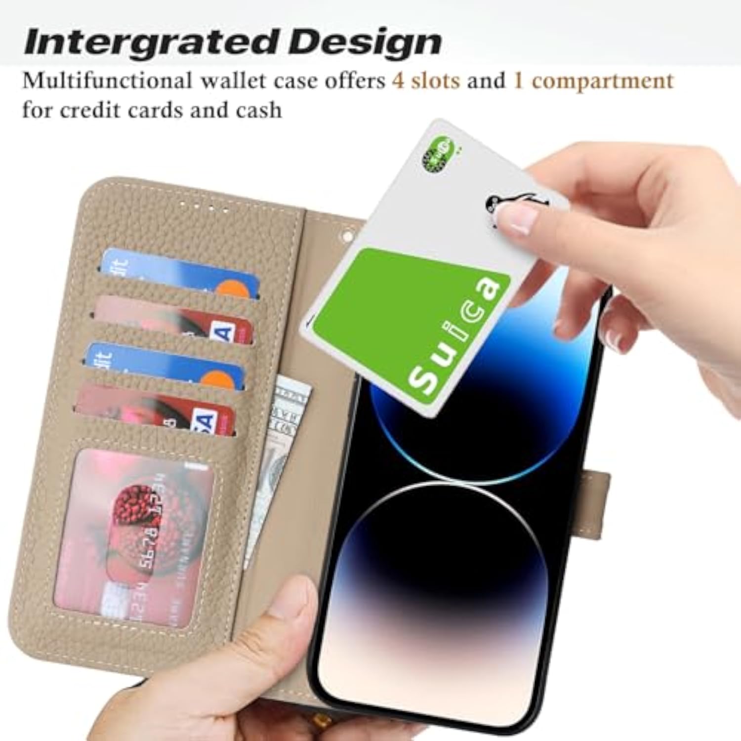 Genuine Leather Wallet Case for iPhone 14 Pro 6.1 Inch, 4 Card Slot, Gray