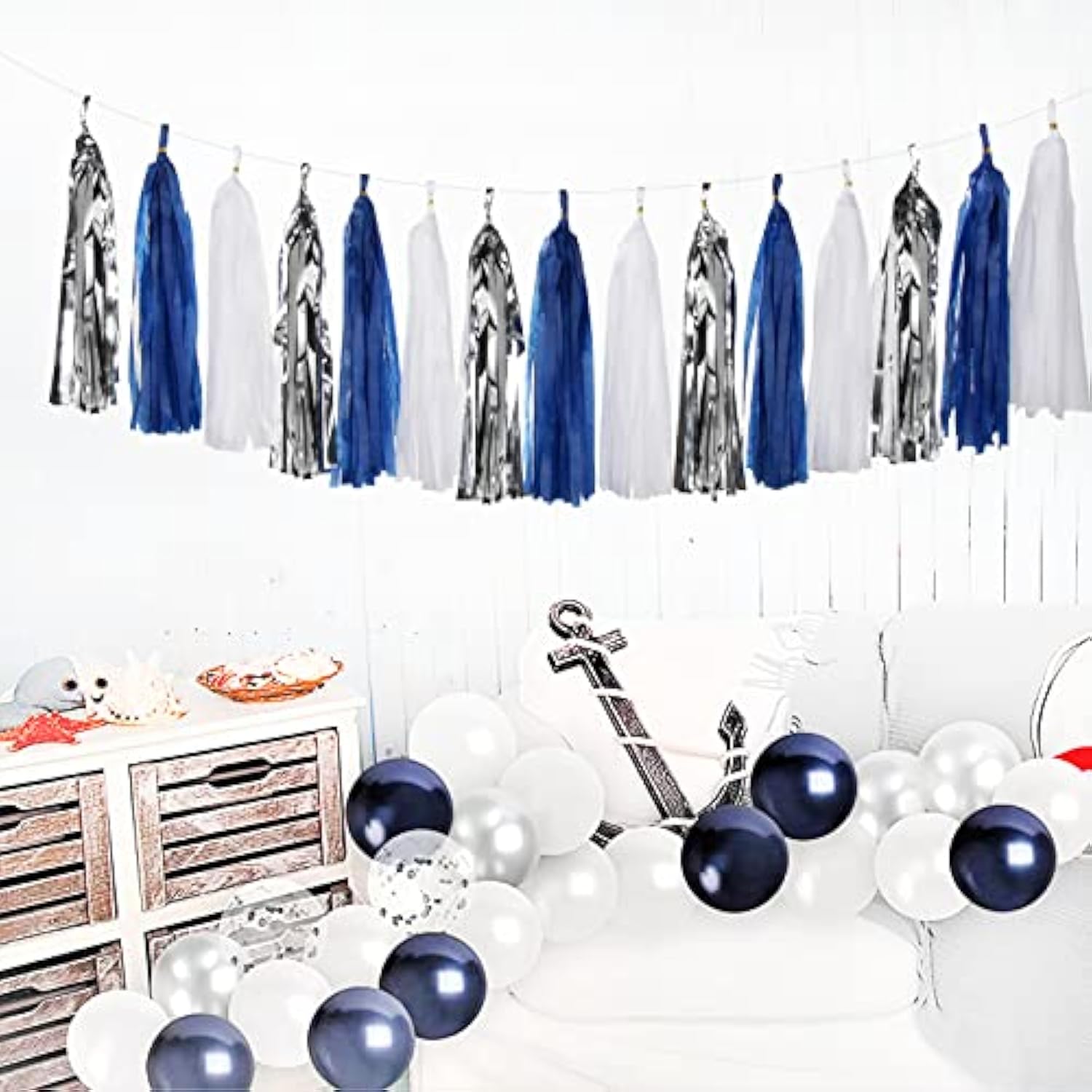 Navy-Blue White-Silver Tassel Garland Streamers - 15Pcs Party Decorations Tissue Paper Tassels Banner,Graduation 2025 Wedding Baby Bridal Shower Hanging Decoration Boy Birthday Backdrop Decor