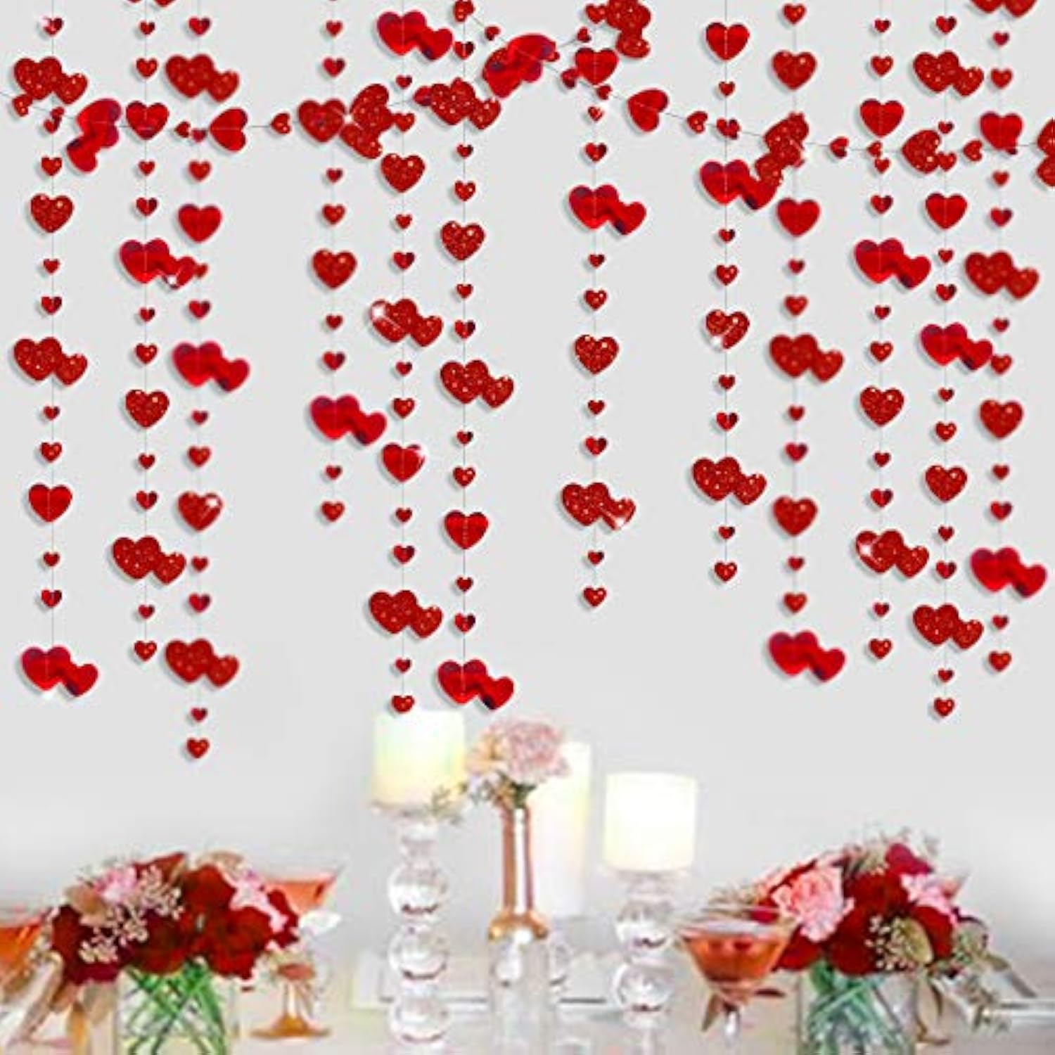 52Ft Valentines Day Party Decorations Red Heart Garland Metallic Glitter Hanging Heart Streamer Banner For Anniversary Mother'S Day Engagement Wedding Bridal Shower Bachelorette Hen Party Supplies
