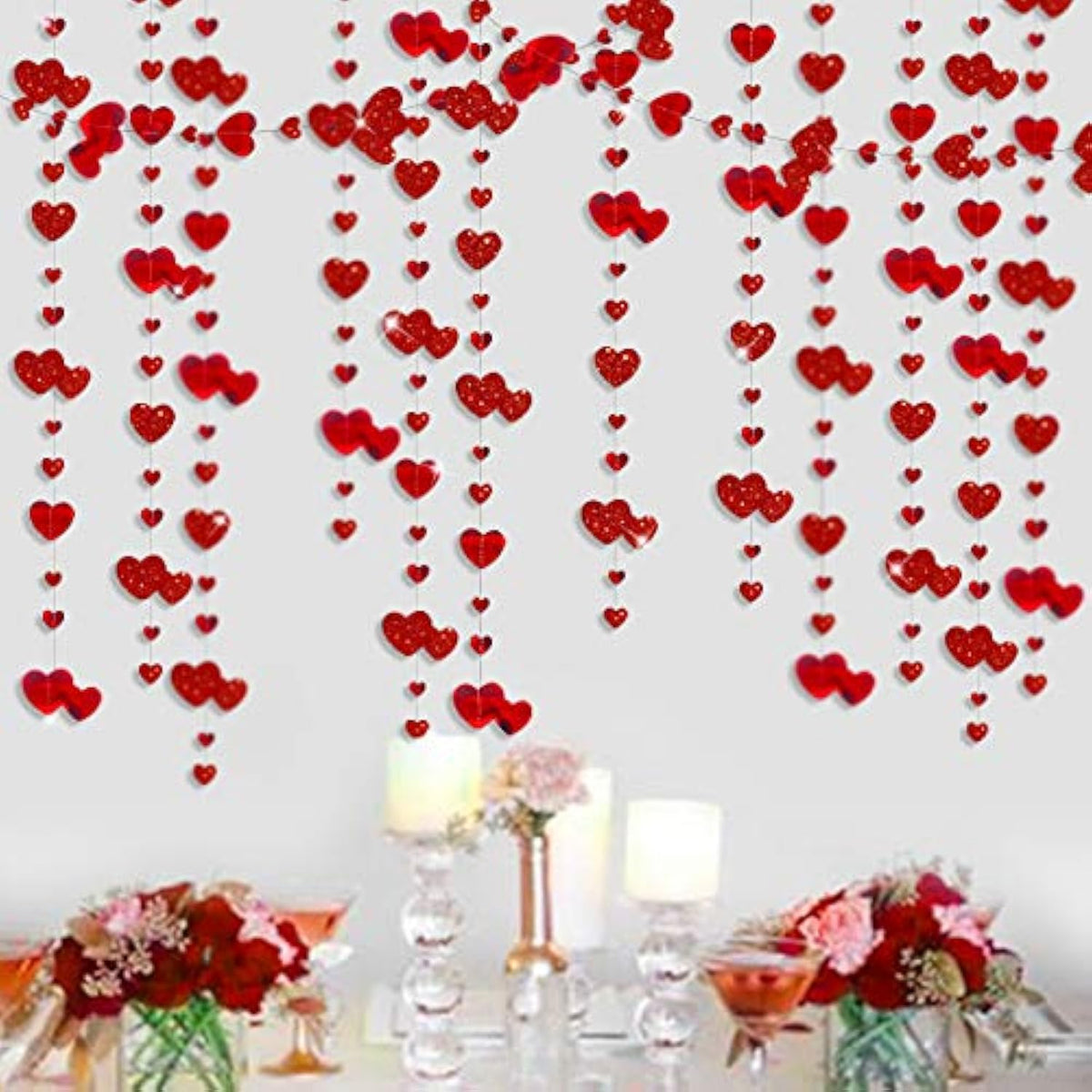 52Ft Valentines Day Party Decorations Red Heart Garland Metallic Glitter Hanging Heart Streamer Banner For Anniversary Mother'S Day Engagement Wedding Bridal Shower Bachelorette Hen Party Supplies