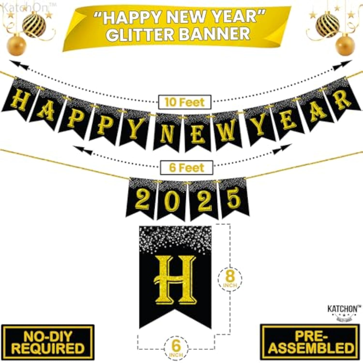 10ft Glitter Happy New Year Banner - No DIY - 2025 NYE Decor