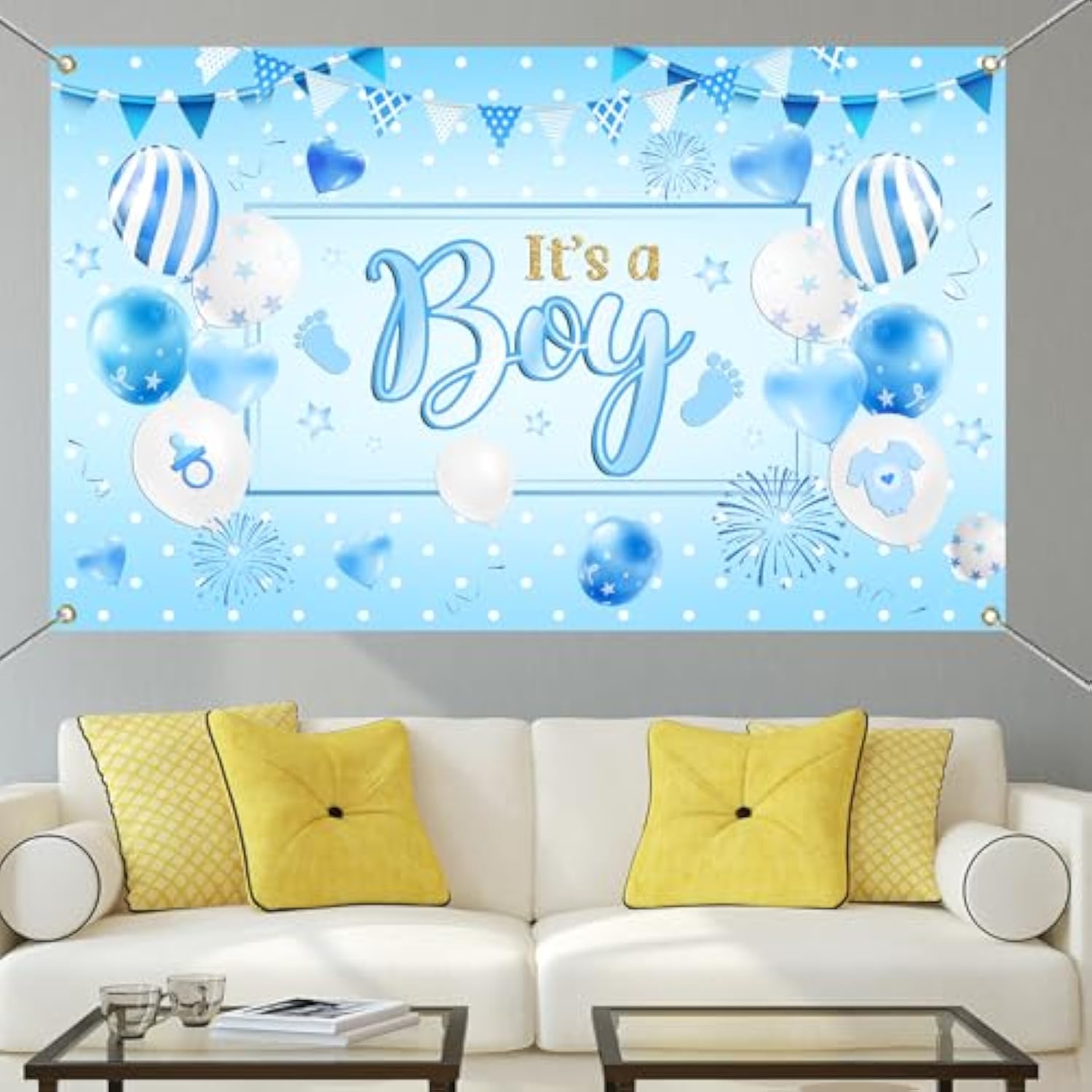 Blue Baby Shower Backdrop It’s a Boy Banner & Balloon Décor 71"x43.5"