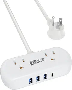 Mini Surge Protector Power Strip 2 Outlets 4 USB Ports 1 USB C 5FT Extension Cord White