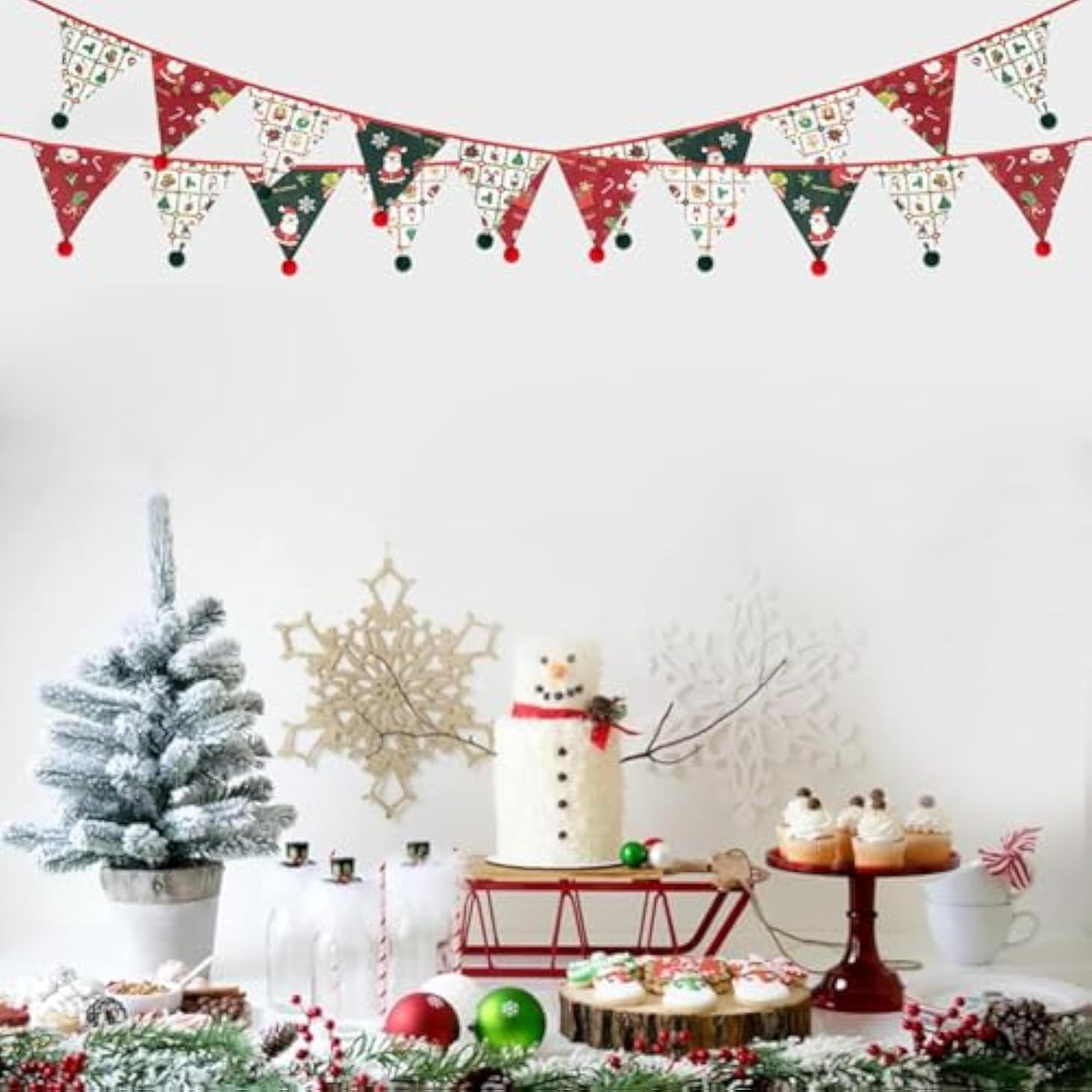 10.5Ft Christmas Red Green Pennant Banner Flags Fabric Balls Pom Pom Triangle Bunting For Wedding Birthday Merry Xmas Party Tent Nursery Kids Room Home Garden Hanging Decorations Supplies