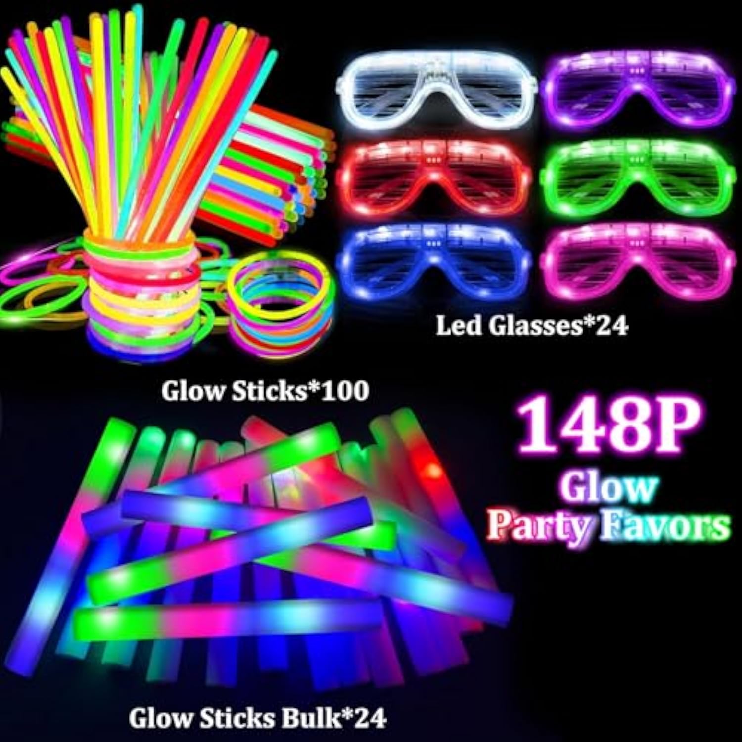 148 Pcs Glow In The Dark Party Supplies- 24 Pcs 16" Foam Glow Sticks, 24 Pcs Led Glasses, 100Pcs Glow Sticks Necklaces Bracelets Light Up Party Favors Pool Party Wedding Concert Halloween