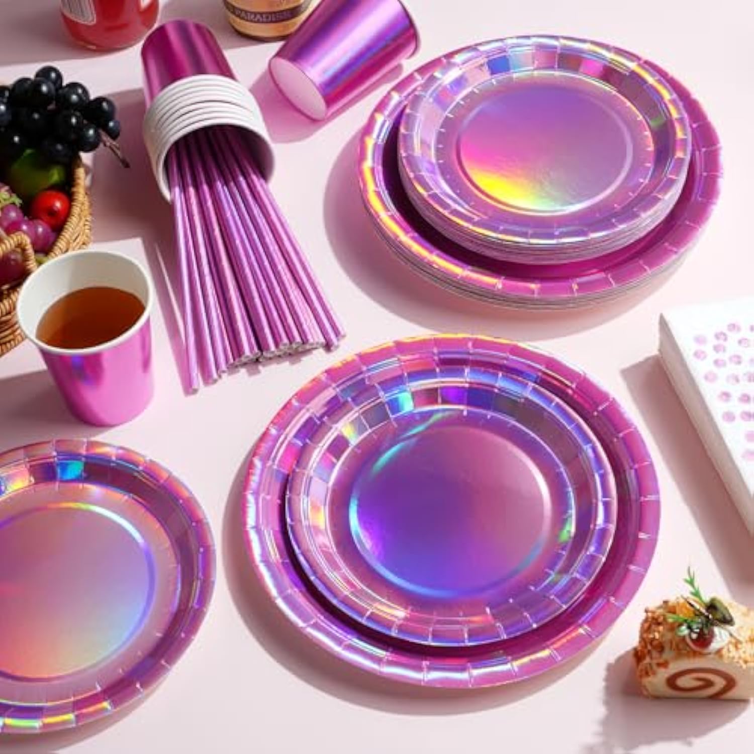 Iridescent Pink Party Supplies Decorations Serve 25, Hot Pink Holographic Paper Plates And Napkins Set, Disposable Pink Paper Plates Cups Knives Spoons Fork For Mermaid Disco Birthday Graduation Party