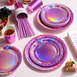 Iridescent Pink Party Supplies Decorations Serve 25, Hot Pink Holographic Paper Plates And Napkins Set, Disposable Pink Paper Plates Cups Knives Spoons Fork For Mermaid Disco Birthday Graduation Party