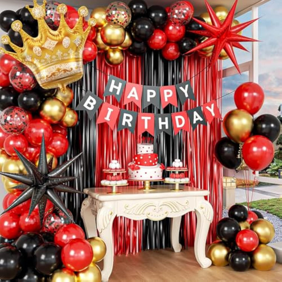 Red And Black Birthday Decorations For Men With Red, Black And Gold Balloons, Happy Birthday Banner, Red And Gold Fringe Curtain For 21St, 25Th, 30Th, 35Th, 40Th Birthdays