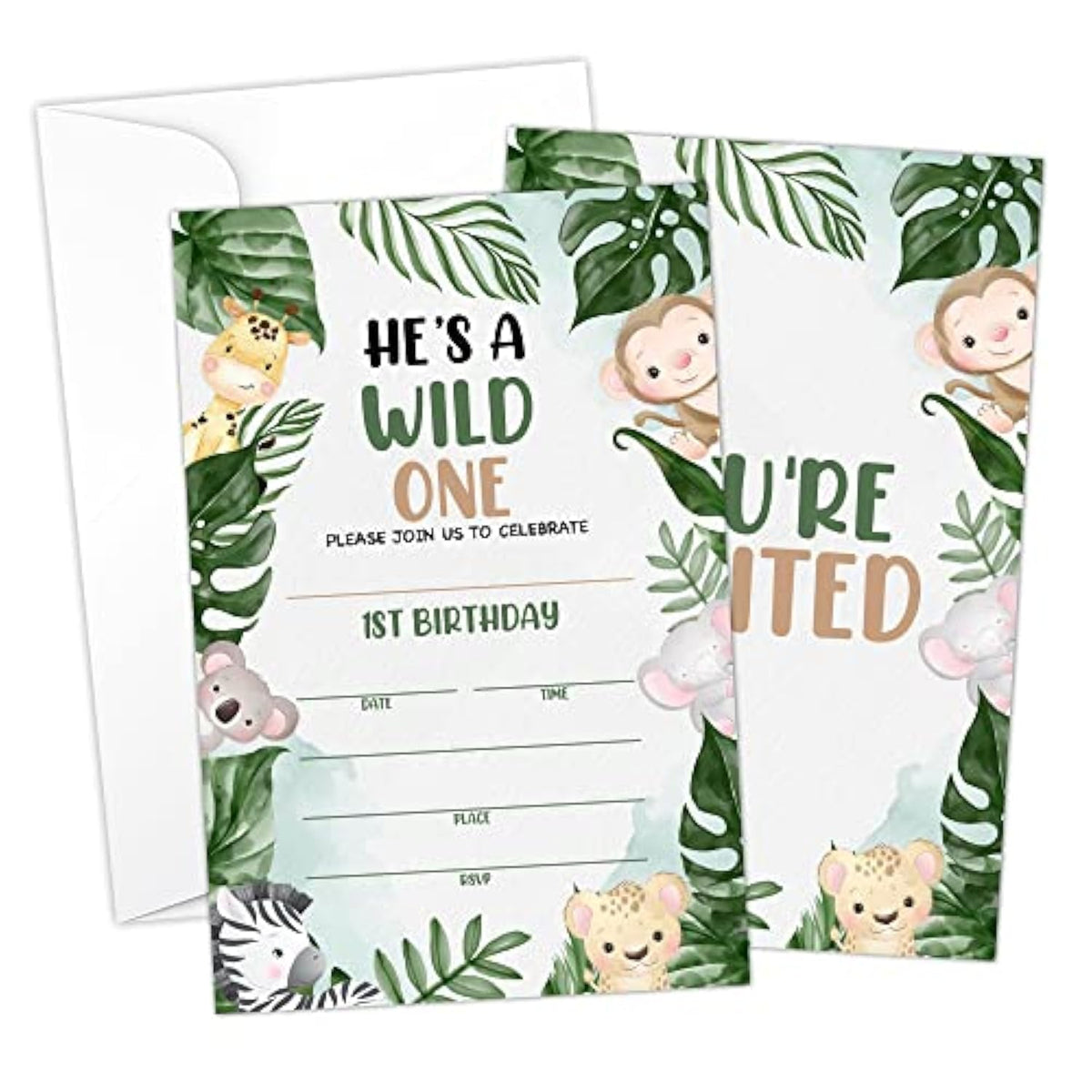 Jungle Animal 1St Birthday Fill-In Invitations Cards With Envelopes (20 Count)?Safari Wild One Birthday Party Supplies Decorations, Birthday Invites For Boys/Girls - A51