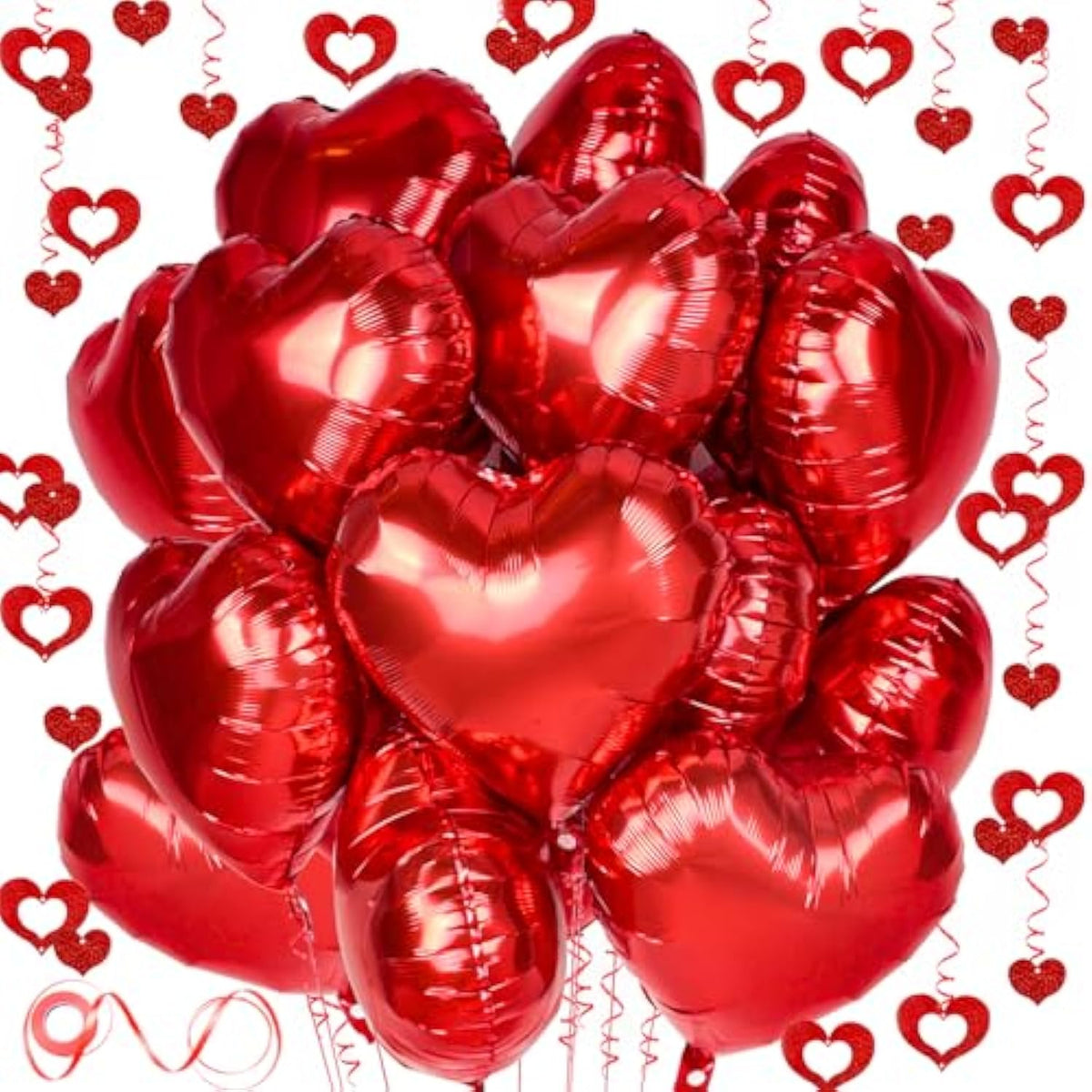 Red Heart Balloons, 24Pcs 18Inch Red Foil Heart Shaped Love Balloons And 50Pcs Heart Hanging Streamer For Valentines Day Decorations, Birthday, Proposal, Wedding Party