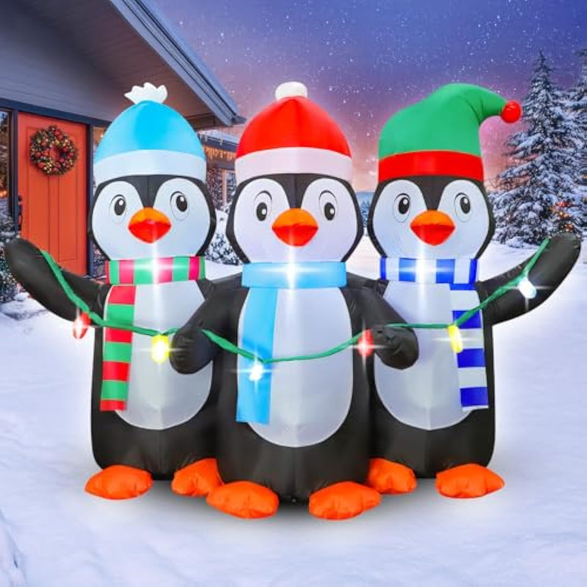 6 Ft Christmas Inflatable Penguin Decoration, Blow Up 3 Cute Penguins, Blowsup Decor, Built-In Bright Led Lights, Festiv