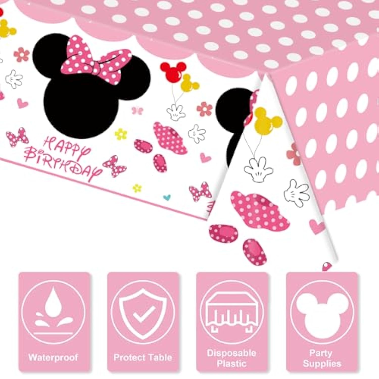 3 Packs Pink Mouse Tablecloth, Pink Polka Dot Table Cloths Disposable Plastic Cartoon Table Covers For Girls 1St 2Nd 3Rd Party Decorations Supplies, 86.6 X 51.2In