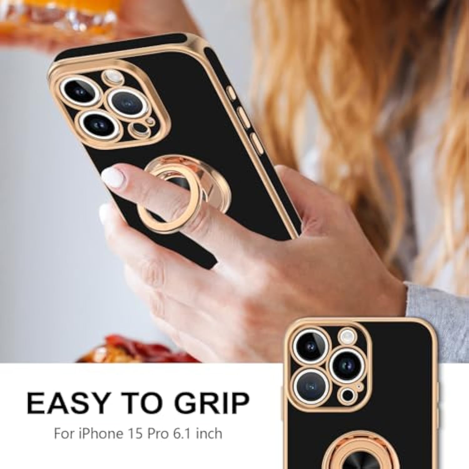 For Iphone 15 Pro Case With Ring Stand, 360° Rotatable Ring Holder Magnetic Kickstand, Plating Rose Gold Edge Soft Cover Luxury Protective Phone Case For Iphone 15 Pro 6.1"?, Black