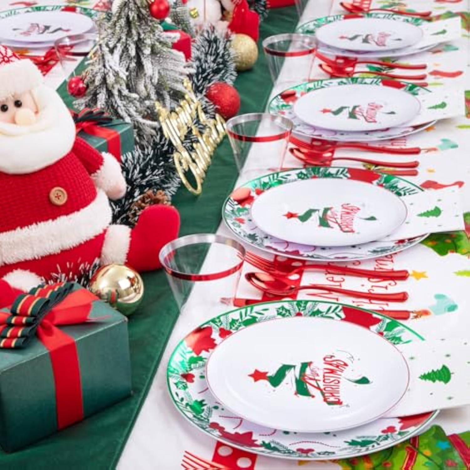 176 Pieces Of Christmas Plates - Disposable Plastic Dinnerware Set - Christmas Tree Includes 50 Plates 75 Plastic Silver Cutlery 25 Cups 25 Napkins And Tablecloths