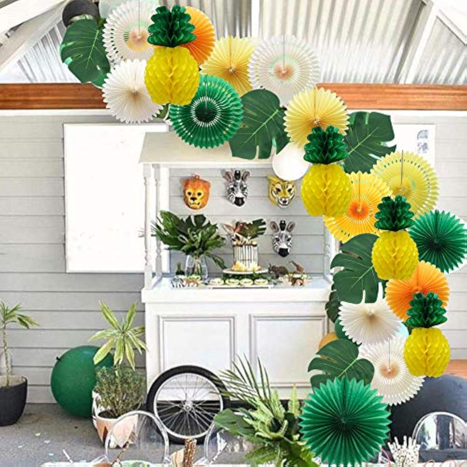 Summer Pineapple Party Decoration, Hawaiian Party Supplies Tropical Palm Leaves Honeycomb Pineapple Hanging Paper Fans For Adults Kids Birthday Baby Shower Bachelorette (Yellow)