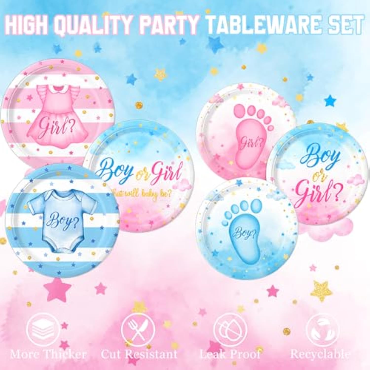 Gender Reveal Decorations Includes Plates, Napkins, Cups, Cutlery, Cake & Cupcake Toppers, Banner, Tablecloth, Balloons For Baby Gender Reveal Decorations, Serve 24