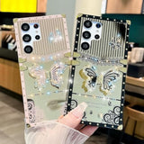 Cute Compatible With Samsung Galaxy S23 Ultra Case, Luxury Bling Butterfly Foldable Stand Kickstand For Women & Girls, Mirror Lace Flexible Shockproof Protective Case (Pink)