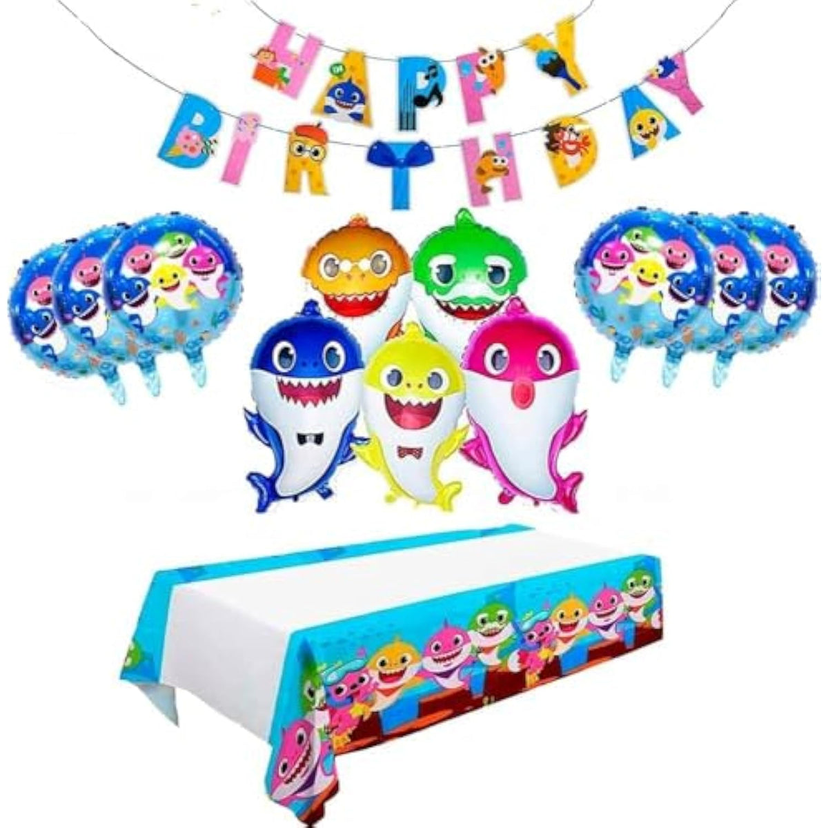 ""13 Pcs"" Shark Balloons - Shark Family Balloons - Shark Duplex Prints Foil Balloons - Shark Banner & Shark Tablecloth - Shark Birthday Decorations