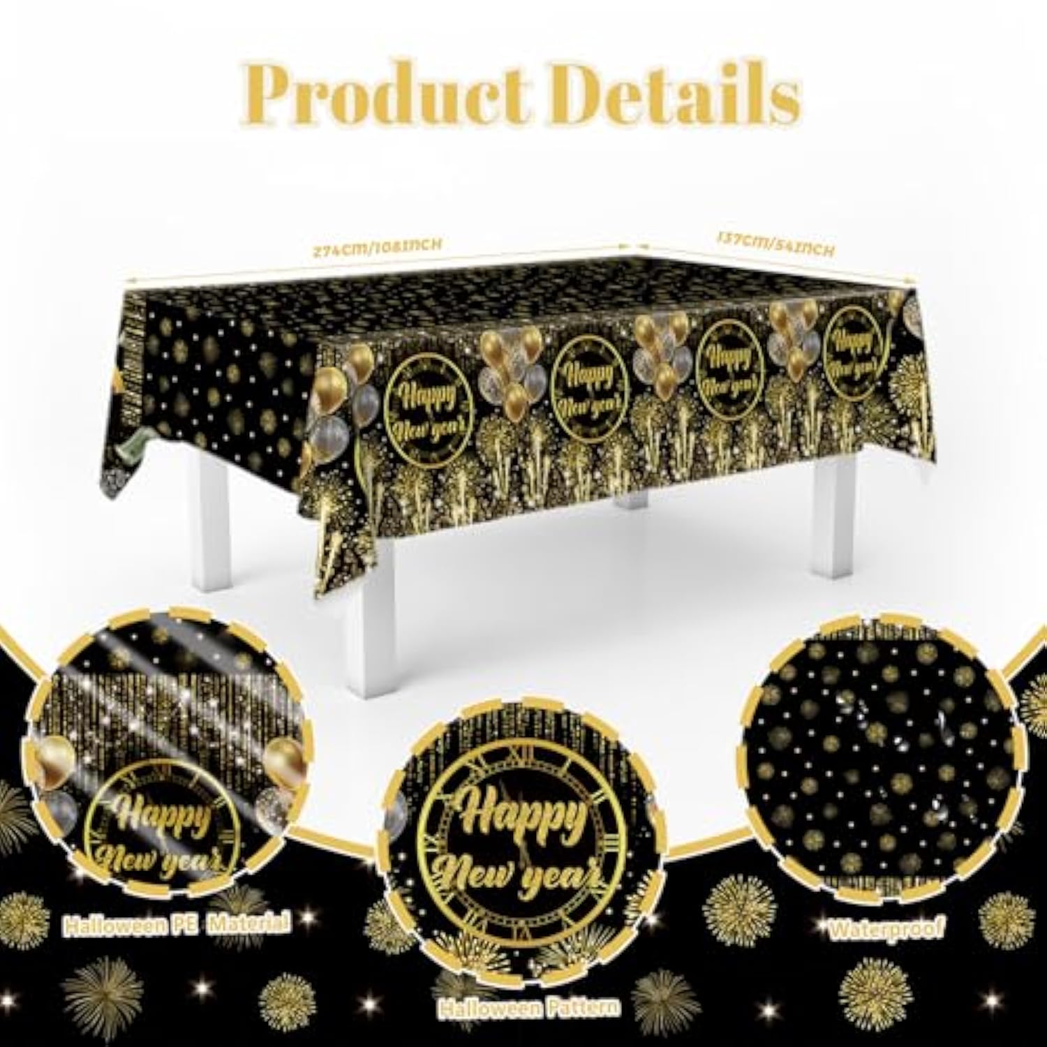 New Year Tablecloths, Happy New Year Plastic Tablecloth Set, Black And Gold Disposable New Year'S Table Cover Rectangle For 2026 New Years Eve Party Supplies Decorations, 108X54 Inch