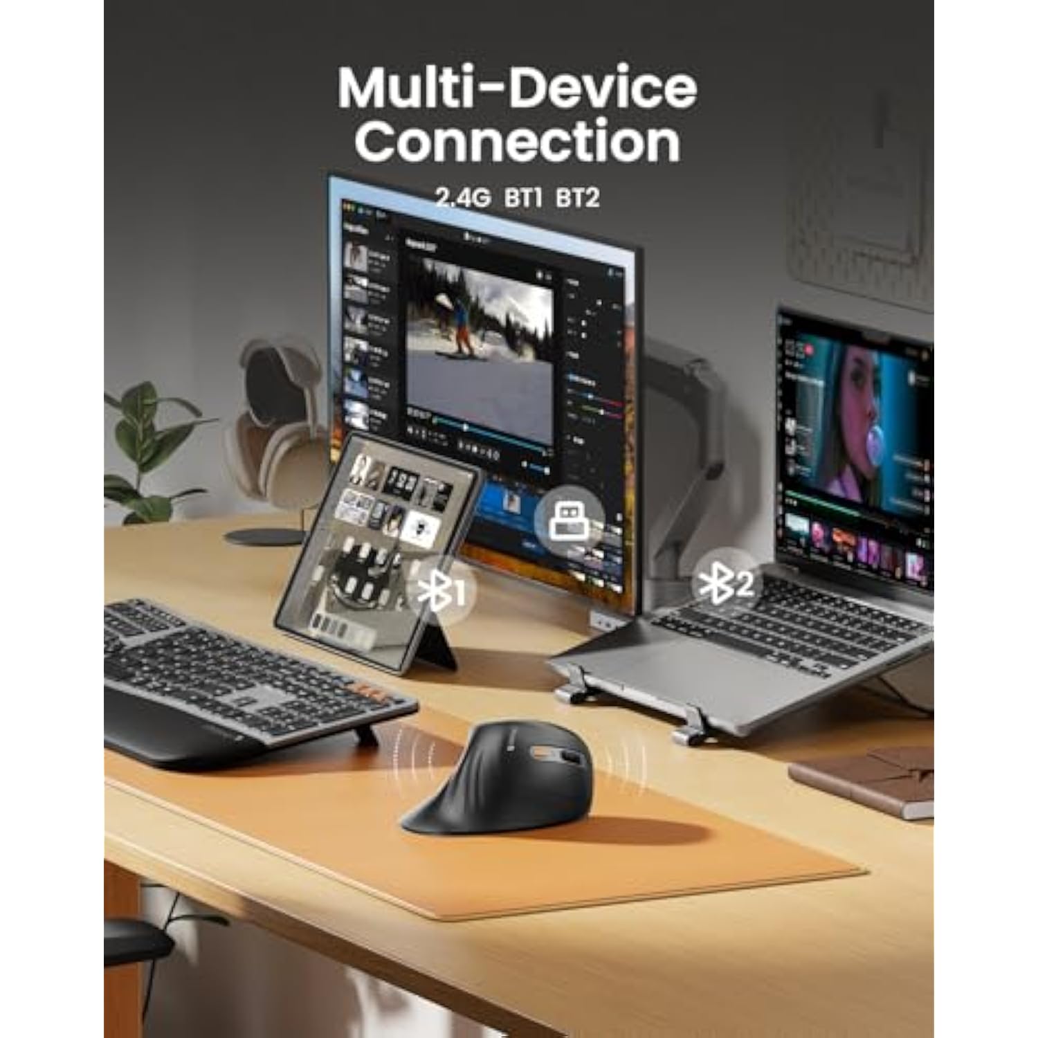 Ergonomic Vertical Mouse, Em11 Nl Rechargeable Wireless Mouse Bluetooth, Ergo Mice With 3 Multidevice For Pc/Notebook/Laptop, 2.4Ghz Optical Mice For Windows, Mac Os, Gray