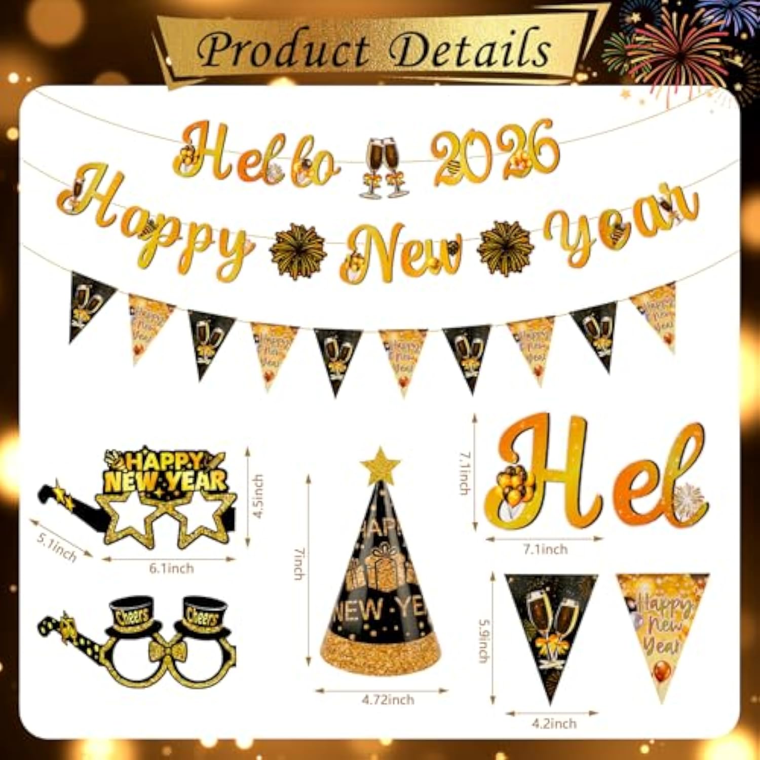 2026 New Year Party Set in Gold and Black with Banner, Balloons, and Party Accessories
