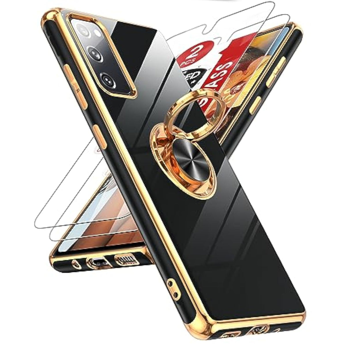 For Galaxy S20-Fe-5G Case: For Samsung S20Fe/S 20Fe Phone Case With Tempered Glass Screen Protector [2 Pack], Ring Holder Magnetic Kickstand, Plating Rose Gold Case For Women Girls, Black