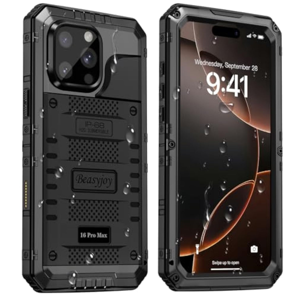 For Iphone 16 Pro Max Case Waterproof, Metal Heavy Duty Full Body Protective Case With Built-In Screen Protector, Military Grade Shockproof Defender Cover For Iphone 16 Pro Max 6.9", Black