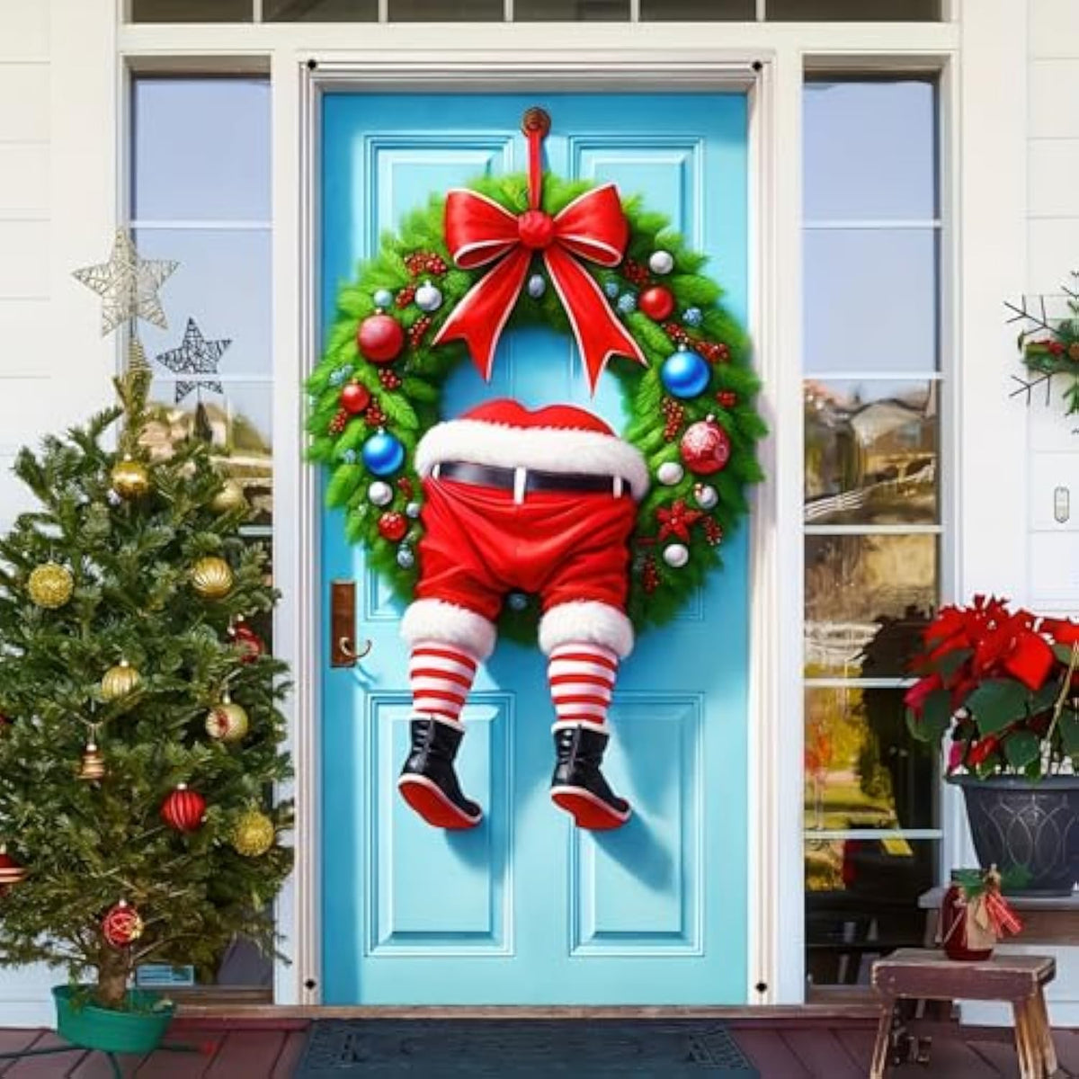 Christmas Door Cover Christmas Wreath Santa Claus Legs Hanging Banner Backdrop Photography Background Door Hanging Cover Door Cover Banner Winter New Year 71X35?Banner, Not A Real Wreath?