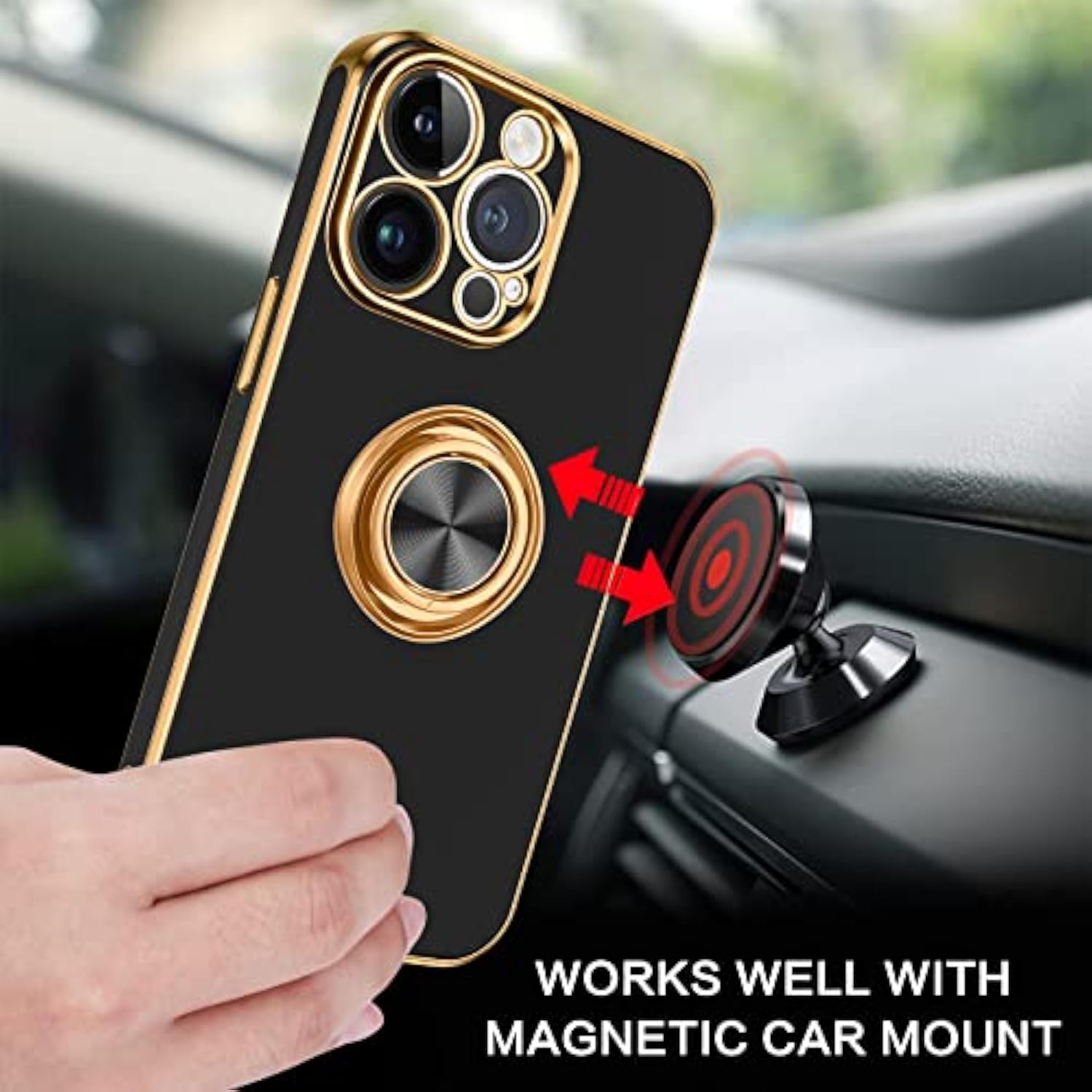 For Iphone 14 Pro Max Case, Slim Lightweight 360° Ring Holder Kickstand Support Car Mount Shockproof Women Men Non-Slip Protective Case For Iphone 14 Pro Max 6.7", Black/Gold