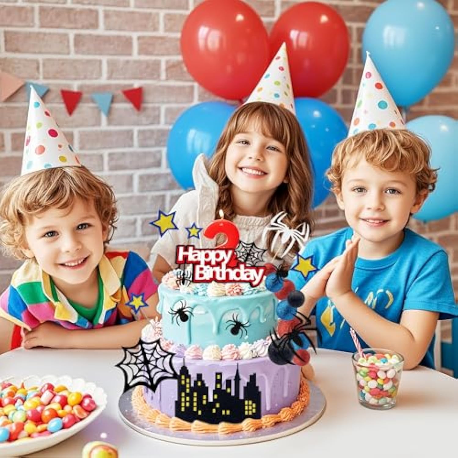 36Pcs Spider Cake Topper Spider Web Cake Decoration Spider Themed Cake Decorations Glitter Red Blue Black Balls City Star Cupcake Topper For Boys Men Birthday Party Baby Shower Supplies