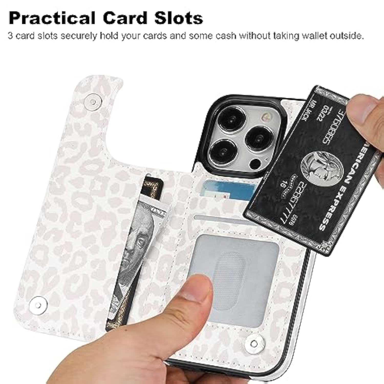 For Iphone 15 Pro Case Wallet With Card Holder, White Leopard Cheetah Pattern Back Flip Folio Pu Leather Kickstand Card Slots Case For Women Girls, Double Magnetic Clasp Case 6.1"