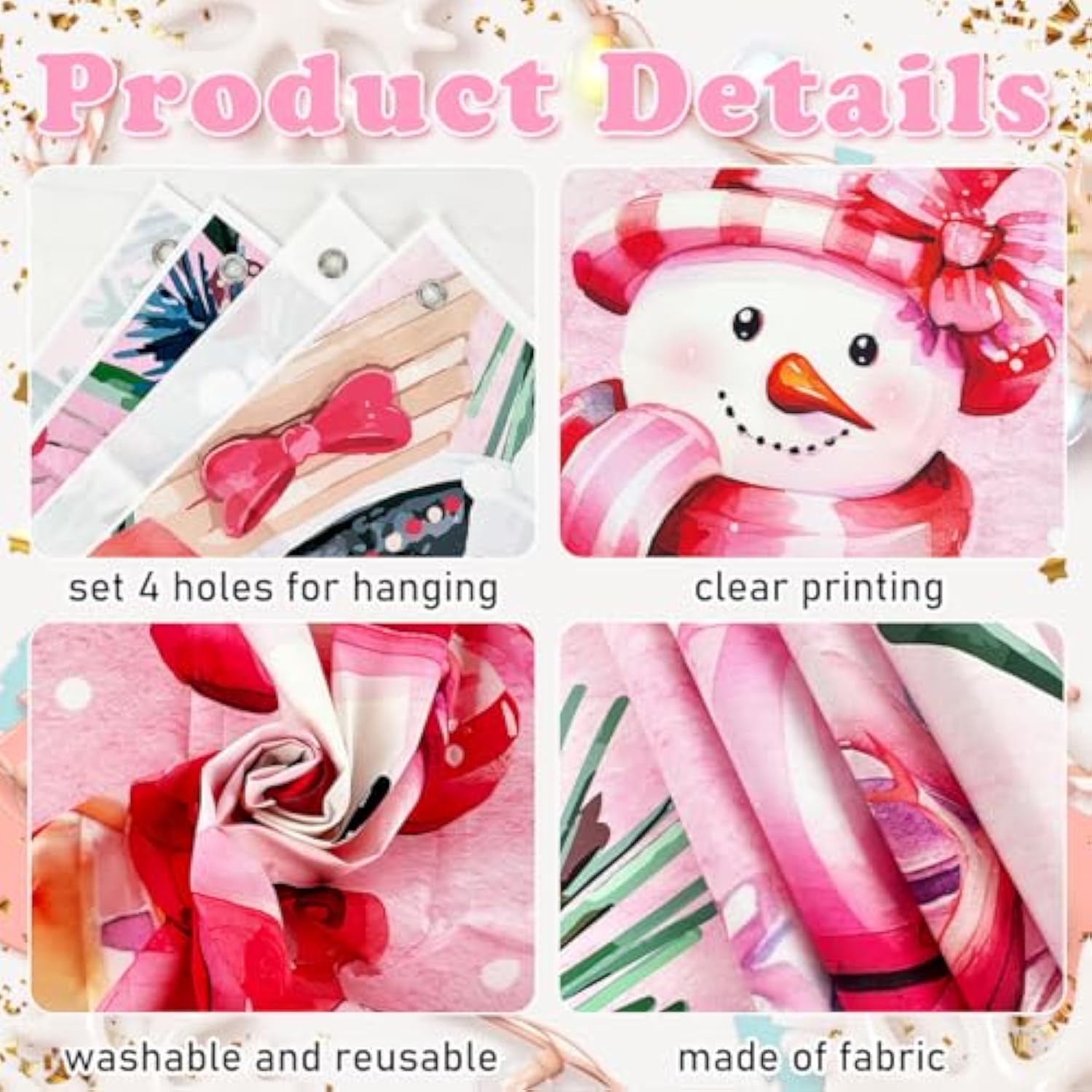 Pink Snowman Christmas Banner - Large Fabric Merry Christmas Banner Photo Props For Xmas Winter Holiday Party Supplies