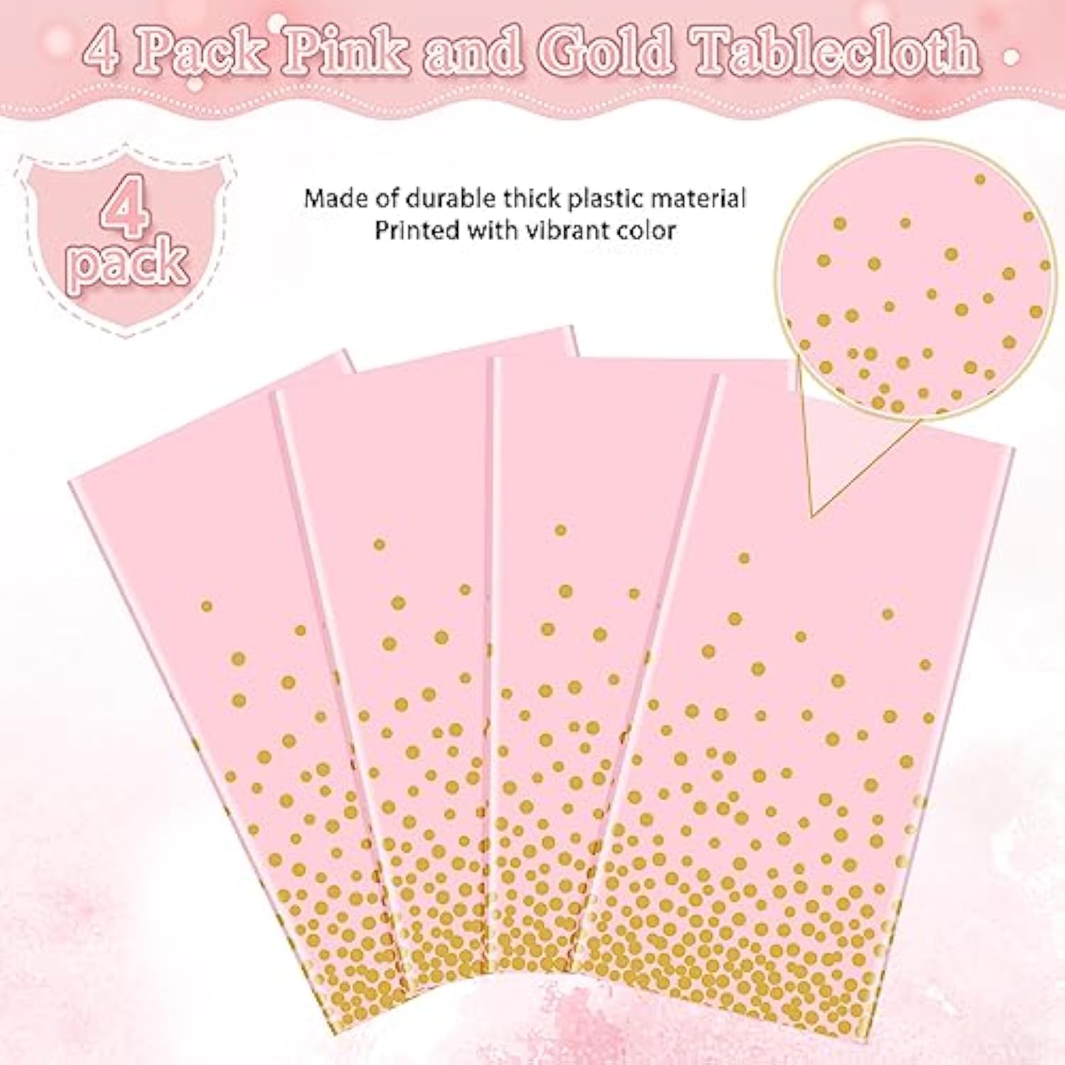 4 Pack Pink And Gold Plastic Tablecloth For Parties, Pink Disposable Table Cloth For Rectangle Tables, Gold Dot Confetti Light Pink Tablecloth For Birthday Wedding Baby Shower Party, 54X108