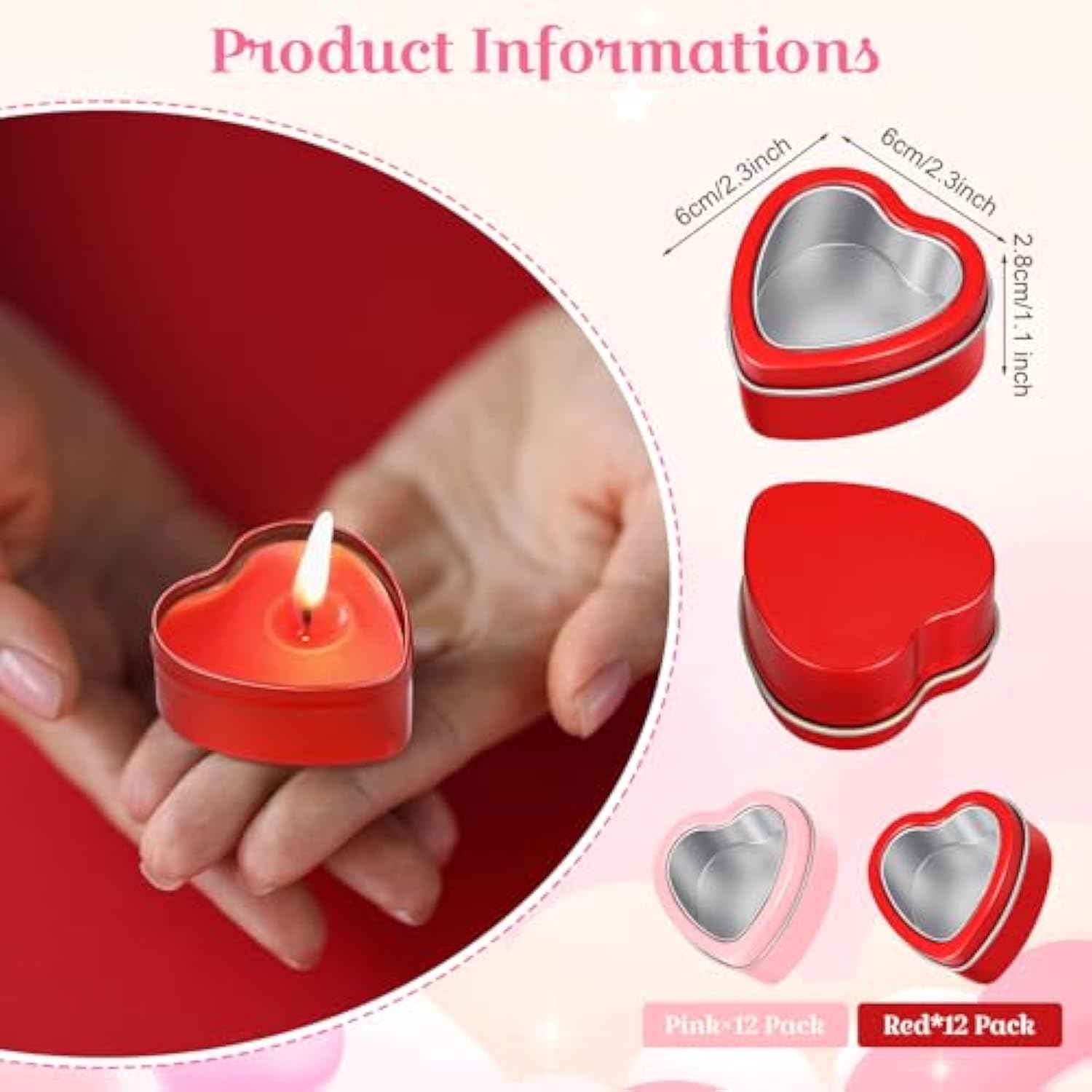 24 Pcs 2Oz Heart Shaped Metal Tins With Clear Window Lids Empty Metal Cans Heart Shaped Box Candle Tins Jar For Valentine‘S Day Candle Making Candies Gift(Red, Pink)