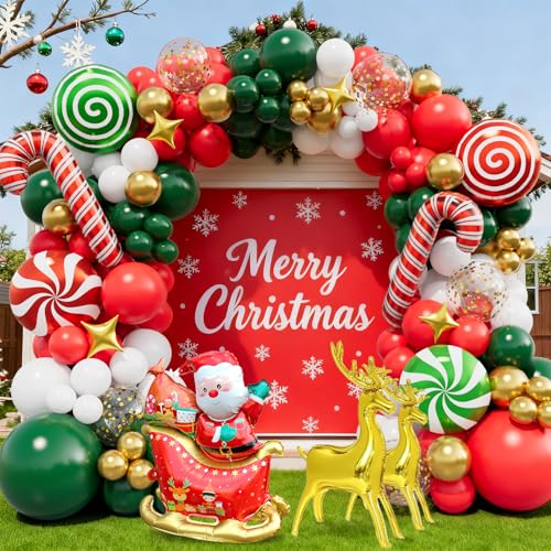 157pcs Christmas Balloon Arch Kit - Red White Green Gold Balloons, Candy Balloon, Cane Balloons, Sleigh Balloons, Elk Foil Balloons for Xmas Balloon Garland Kit Christmas Party Decorations