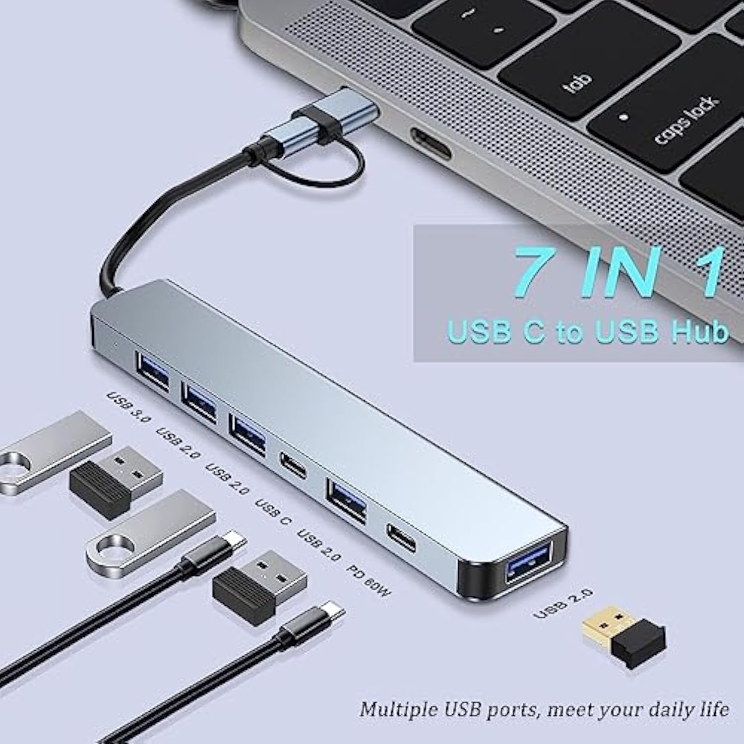 Usb C Hub Usb Hub 3.0, Aluminum 7 In 1 Usb Extender, Usb Splitter With 1 X Usb