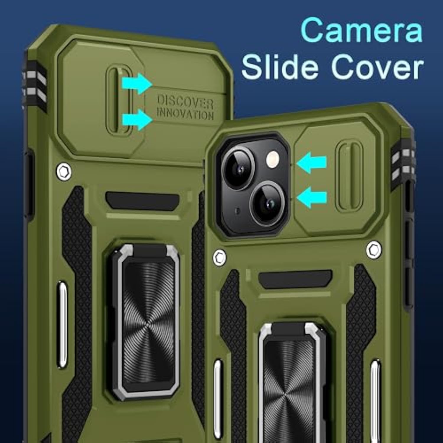 Case For Iphone 15 With Slide Camera Cover + Screen Protector (2 Packs), Rotated Ring Kickstand Military Grade Shockproof Protective Cover-Olive Green