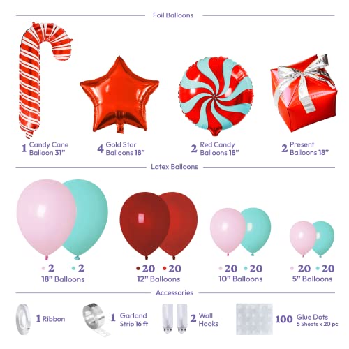 Christmas Balloons Arch Kit - Christmas Balloons Red and Mint with Candy Cane Mylar Balloons with Candy Cane for Xmas Decorations