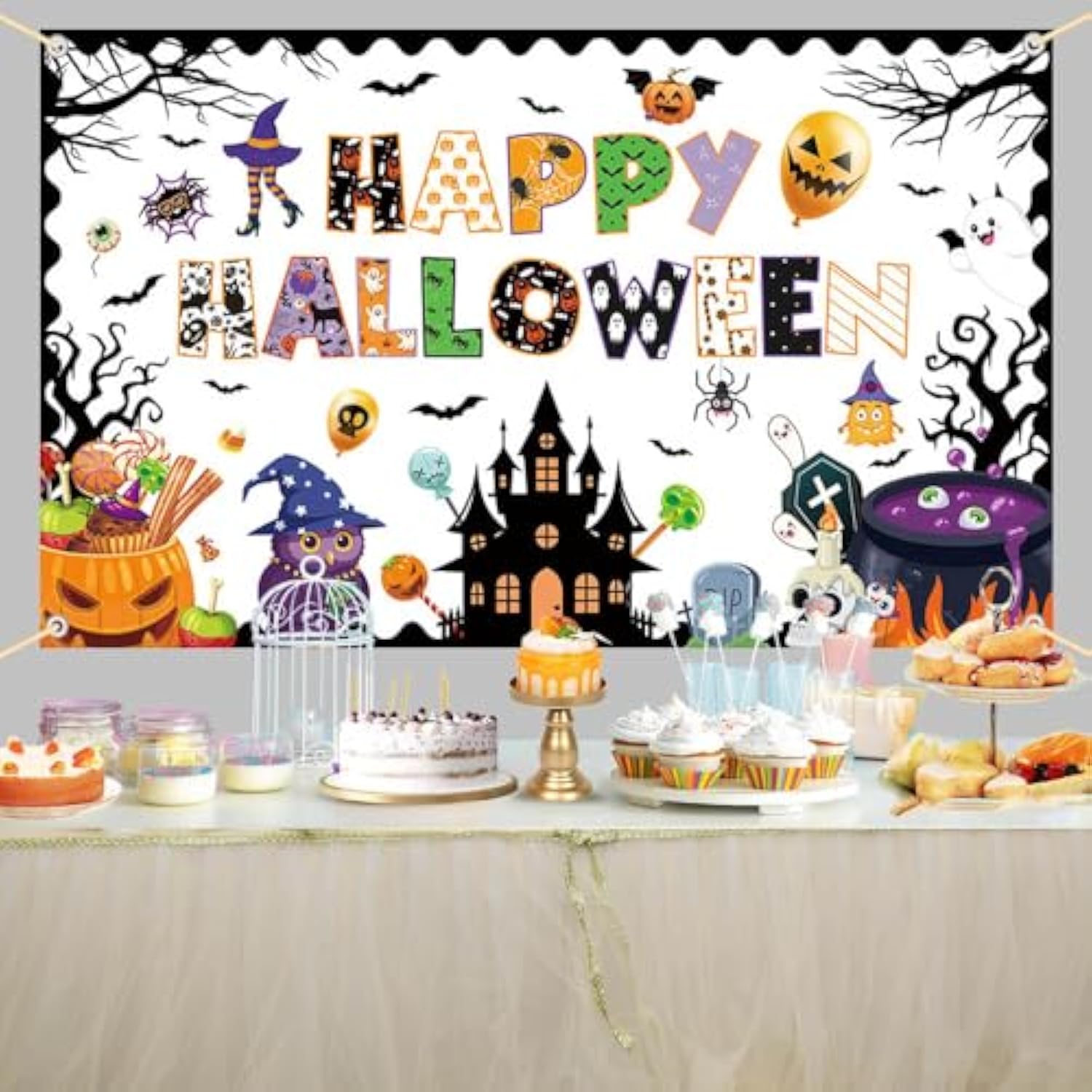 Happy Halloween Classroom Banner Backdrop with Ghost Spider Bat Pumpkin Decor for Wall