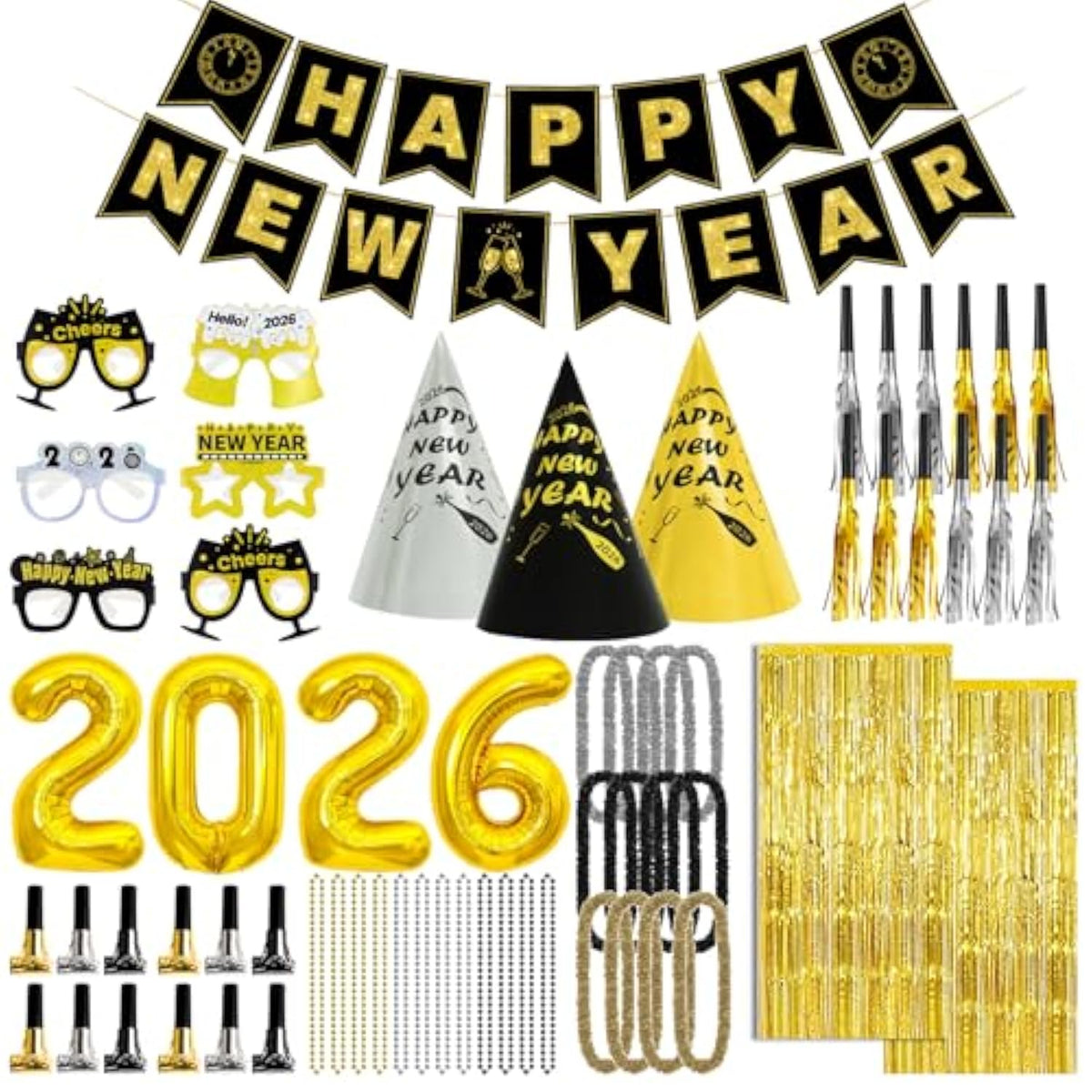 2026 New Year Party Set for 24 with Banner, Hats, Glasses, Balloons, and Accessories
