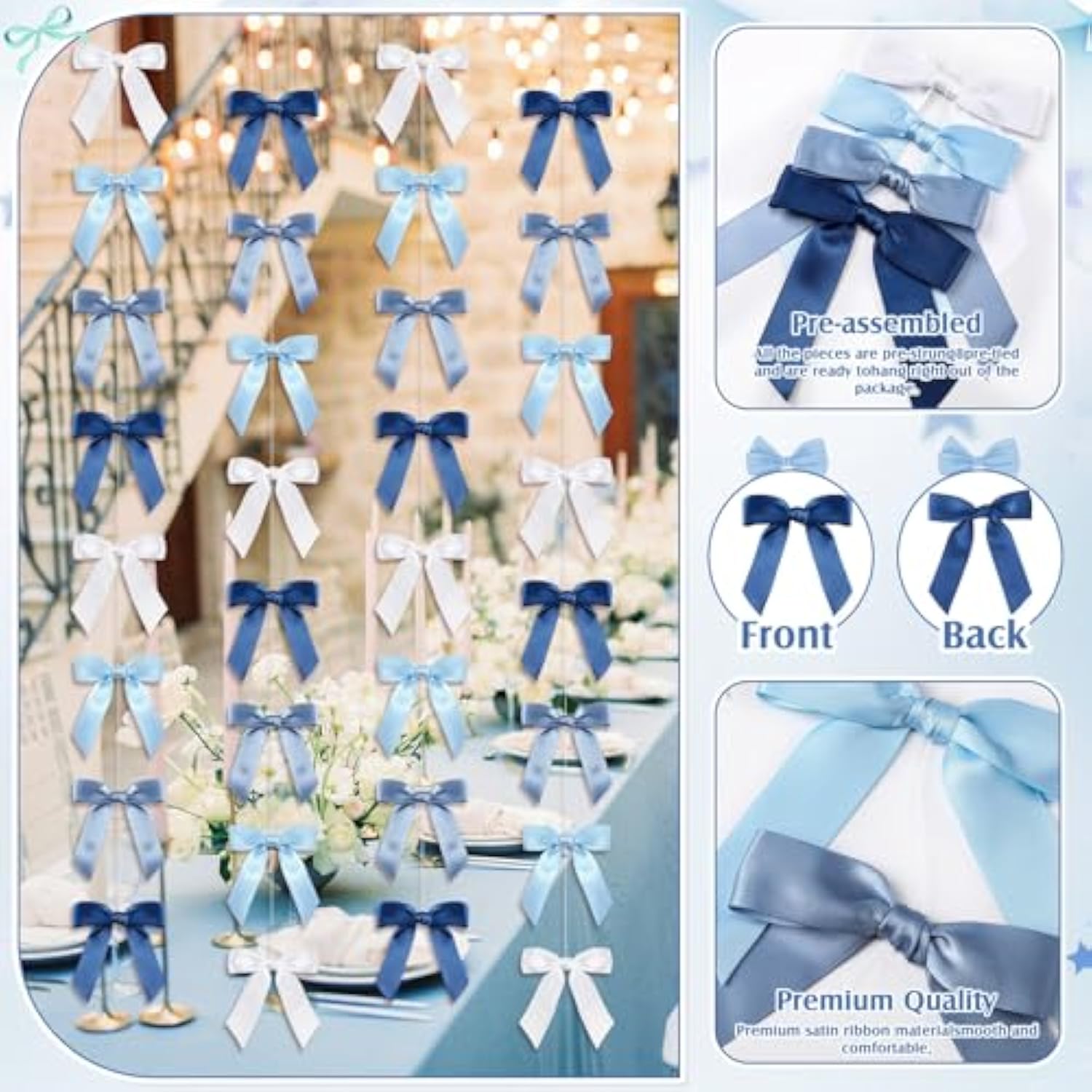 Bows Garland 6.6 Ft Satin Ribbon Bow Party Decor Bow Backdrop Christmas Bowknot Hanging Ornament For Birthday Wedding Bridal Coquette Baby Shower Decorations(Blue,1 Inch)