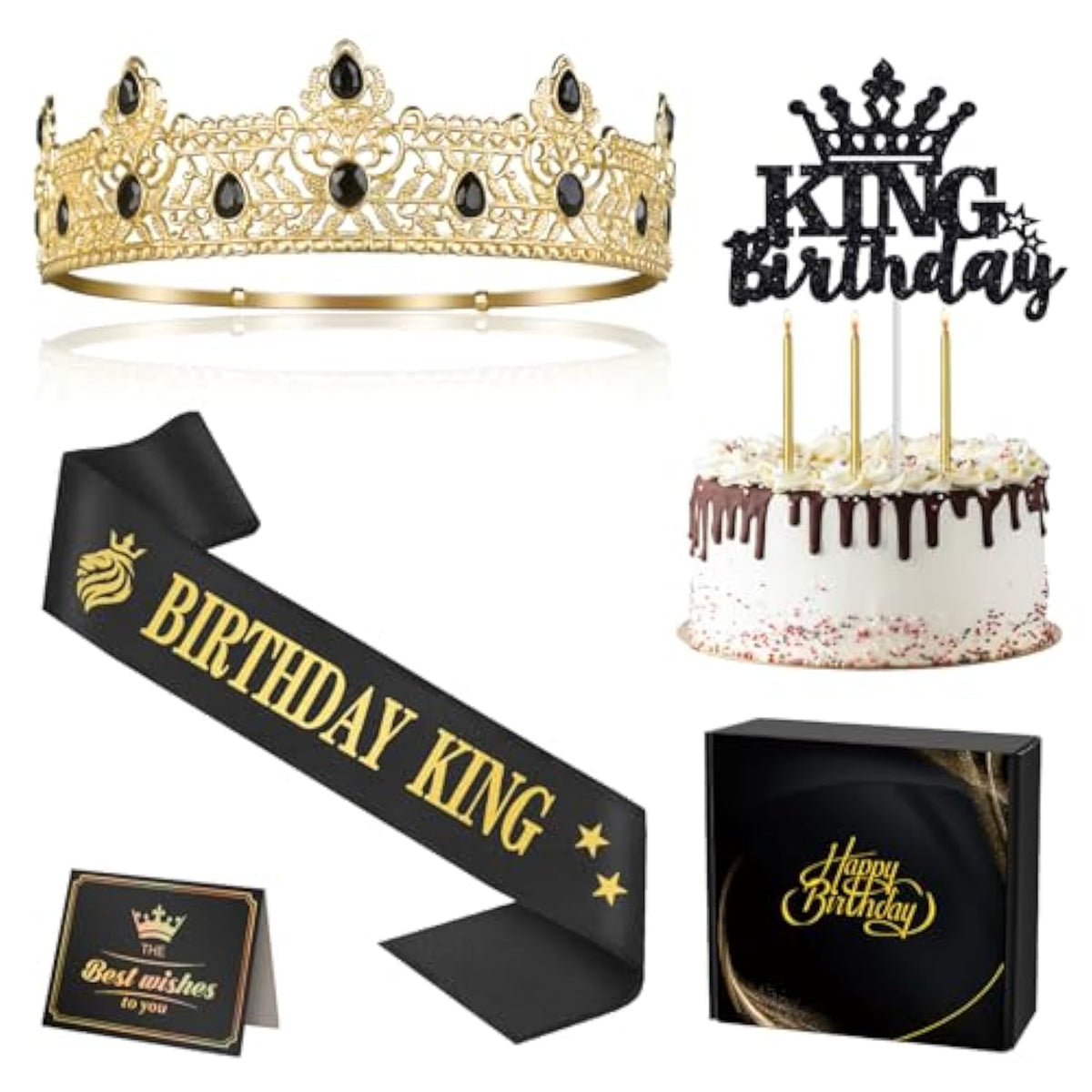 Birthday Gifts For Men, Birthday Decorations For Men, Party Decor Supplies Including King Crown & Sash & Cake Topper & Candles